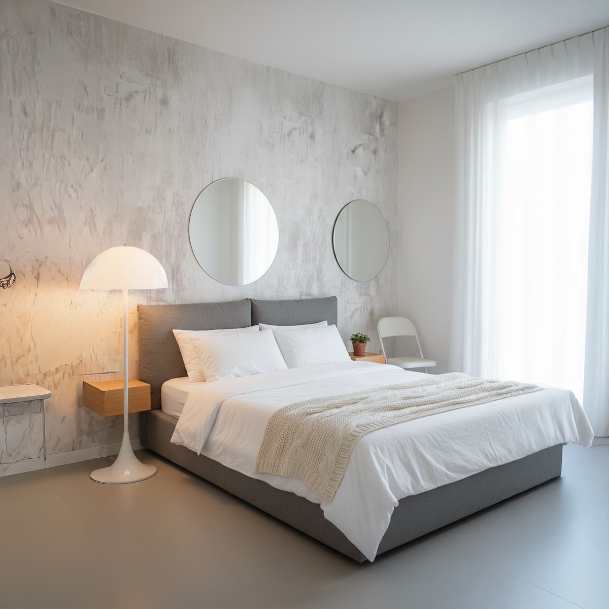 Modern bedroom with a bed, nightstands, and mirrors.