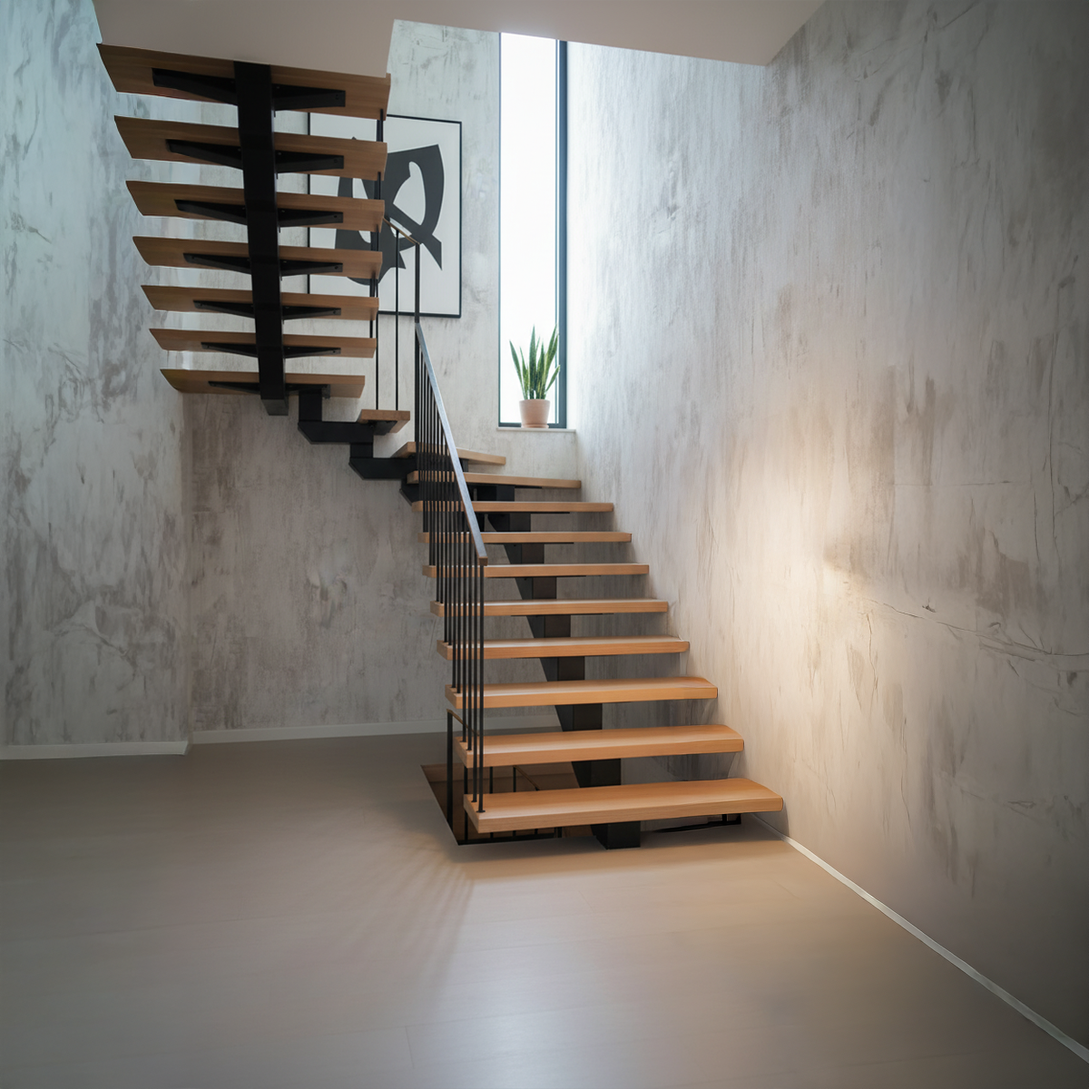Modern staircase with wooden steps and metal railings in a minimalistic room.