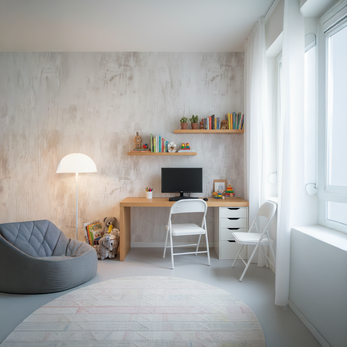 Modern home office with desk, chairs, and decorative items.