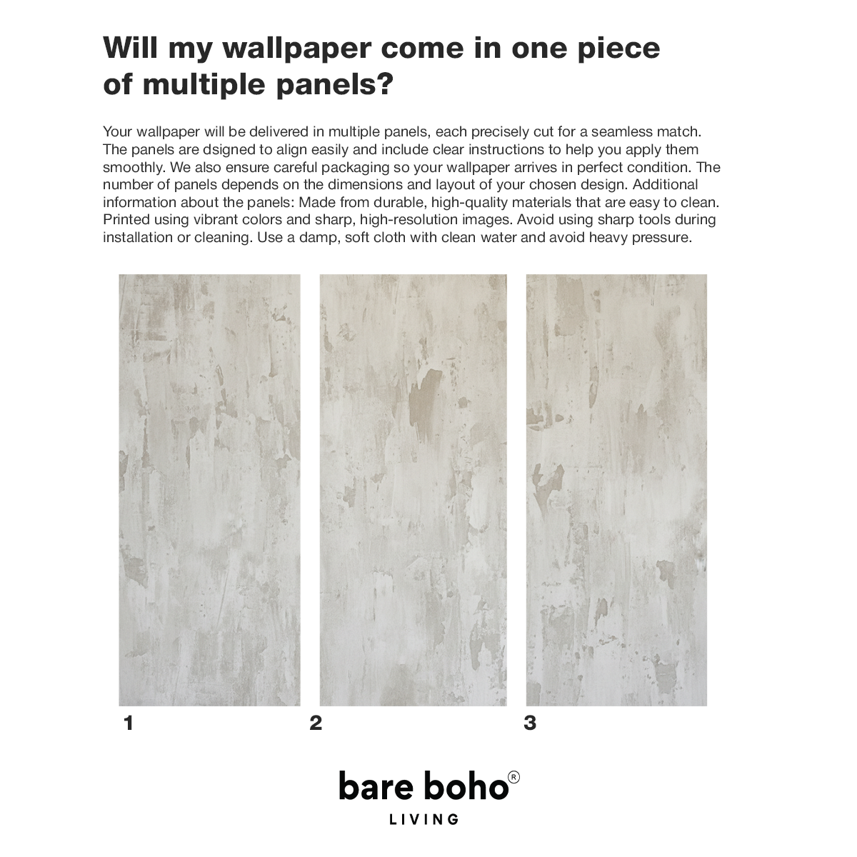 Bare Boho Living wallpaper with panel instructions and product name.