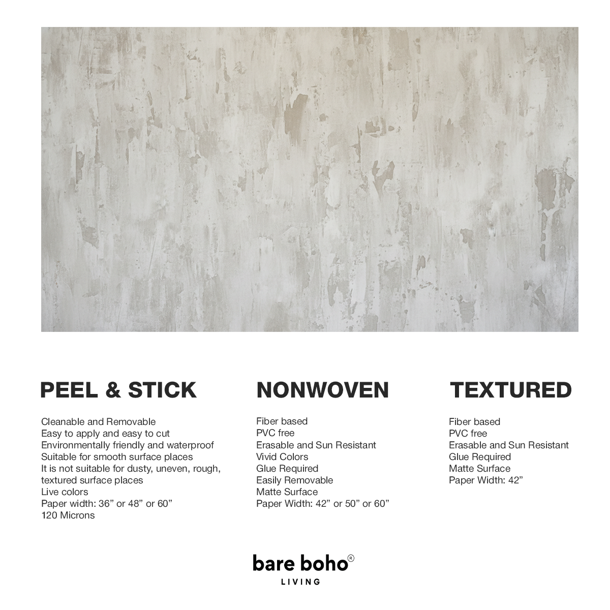 Textured wall paper sample with 'Peel & Stick', 'Nonwoven', and 'Textured' features and Bare Boho branding.