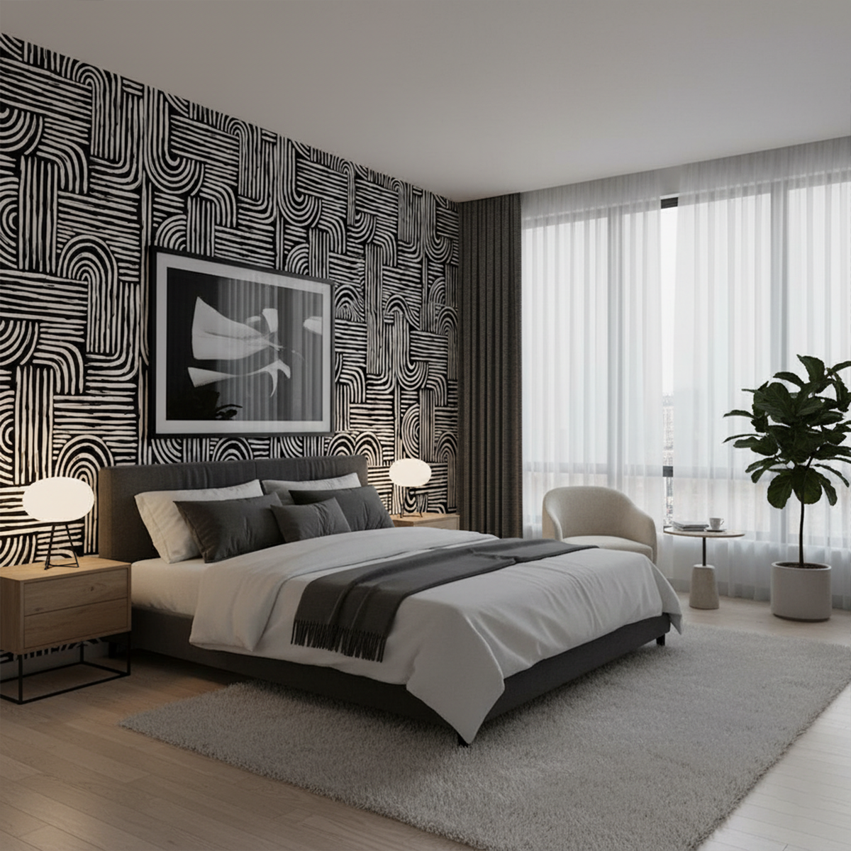 Modern bedroom with patterned wall, bed, and decor