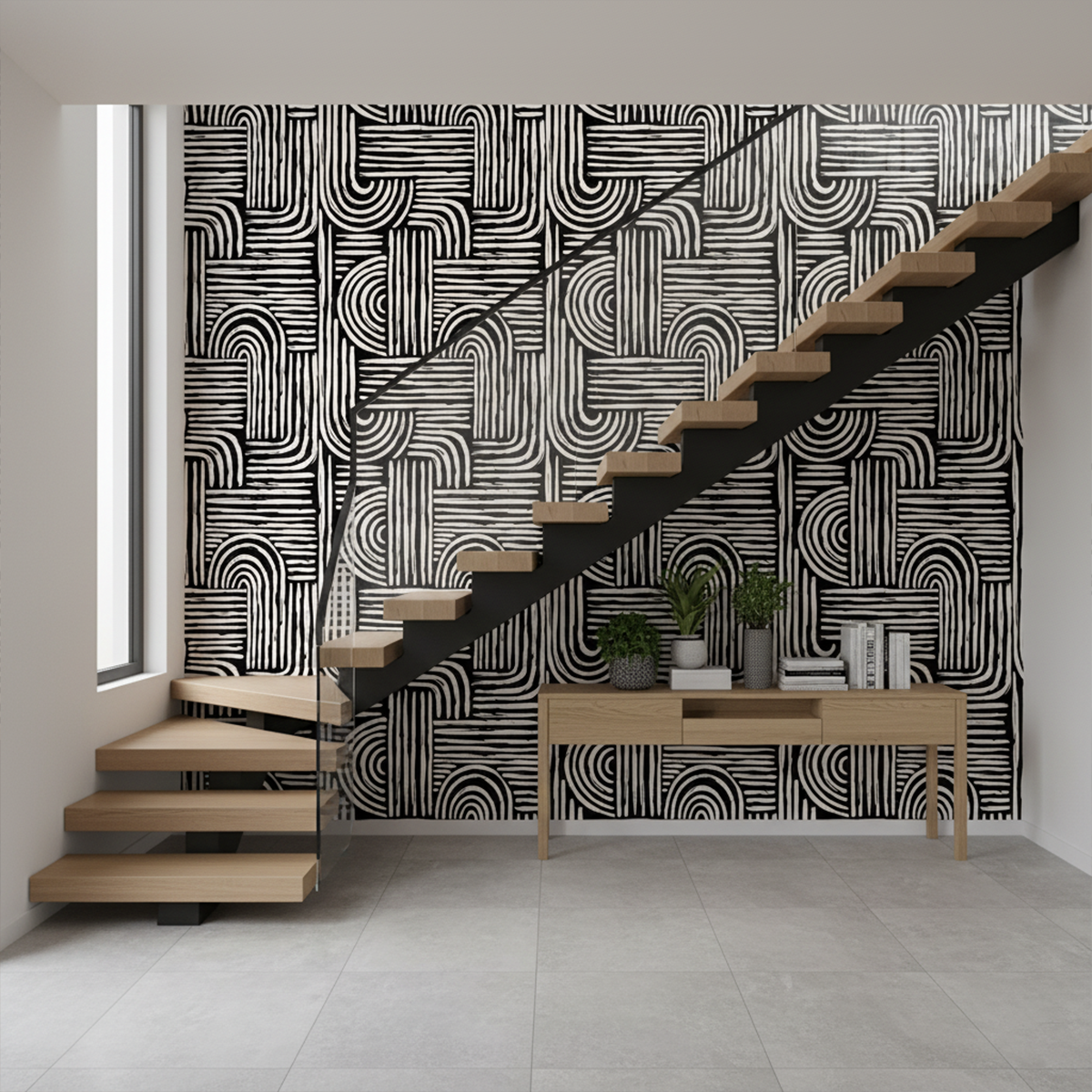 Modern interior with a staircase and geometric patterned wallpaper.