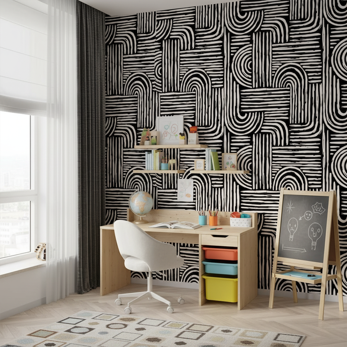 Modern home office with black and white geometric wallpaper, desk, and chair.