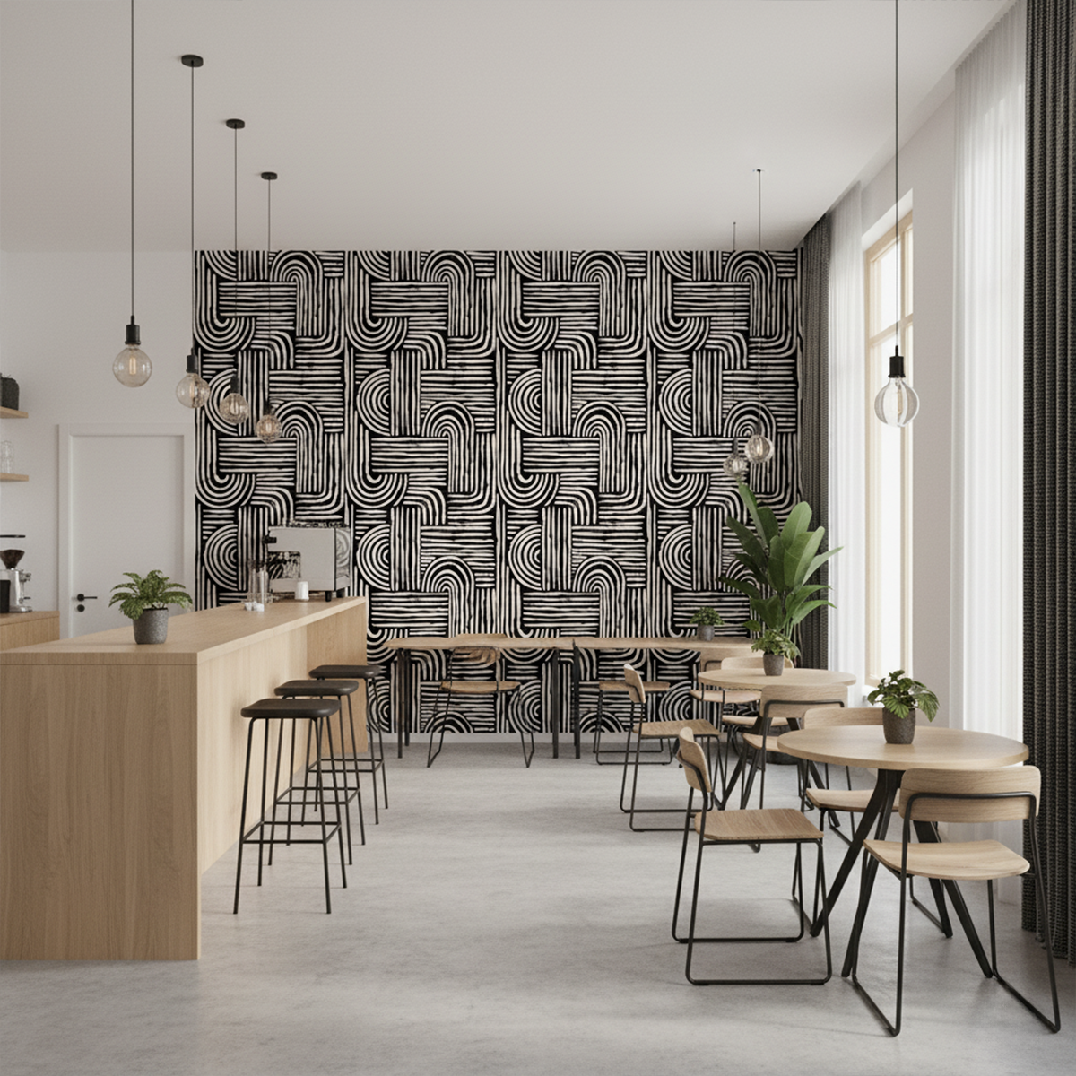 Modern interior design with patterned wallpaper, wooden counter, and tables with chairs.