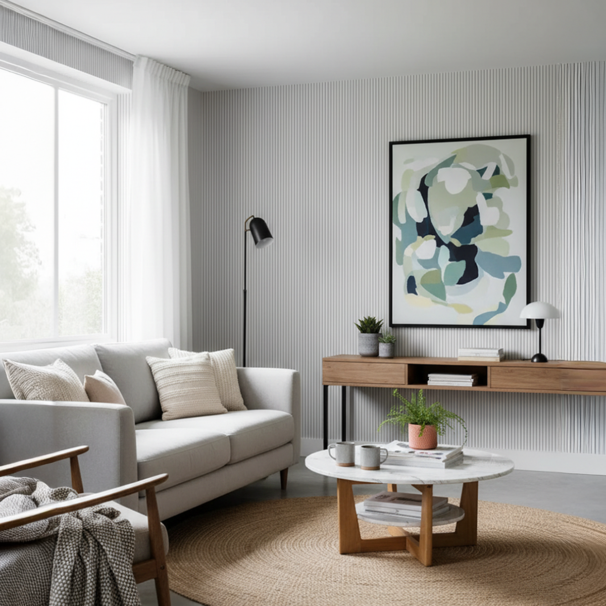 Modern living room with a gray sofa, wooden coffee table, and abstract art on the wall.