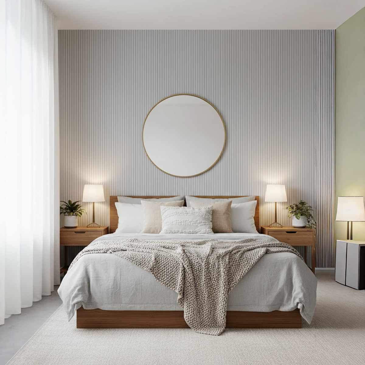 Modern bedroom with wooden bed, striped wall, and round mirror.