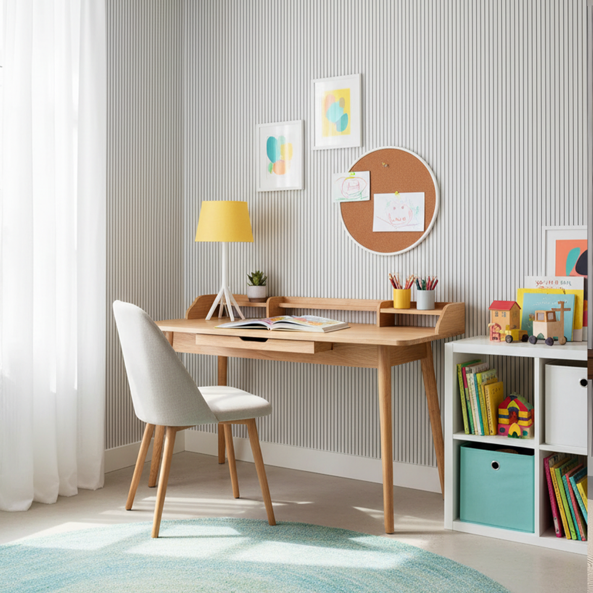 Children's study nook with a vertical striped wallpaper, chair, and shelves filled with books and toys.