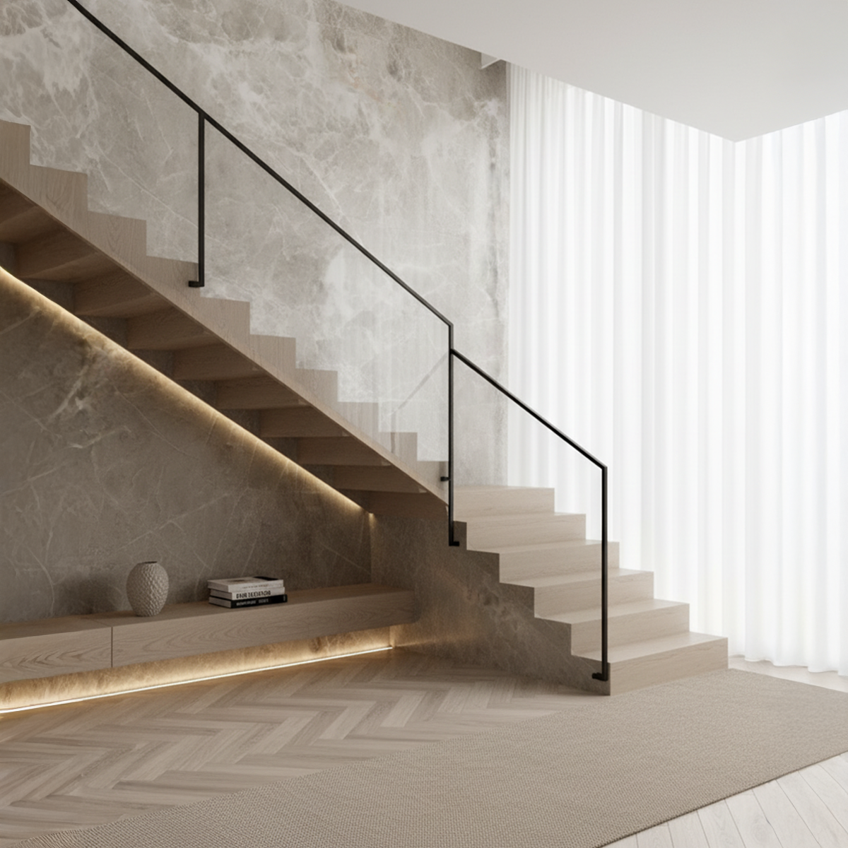 Modern staircase with LED lighting in a minimalistic interior setting.