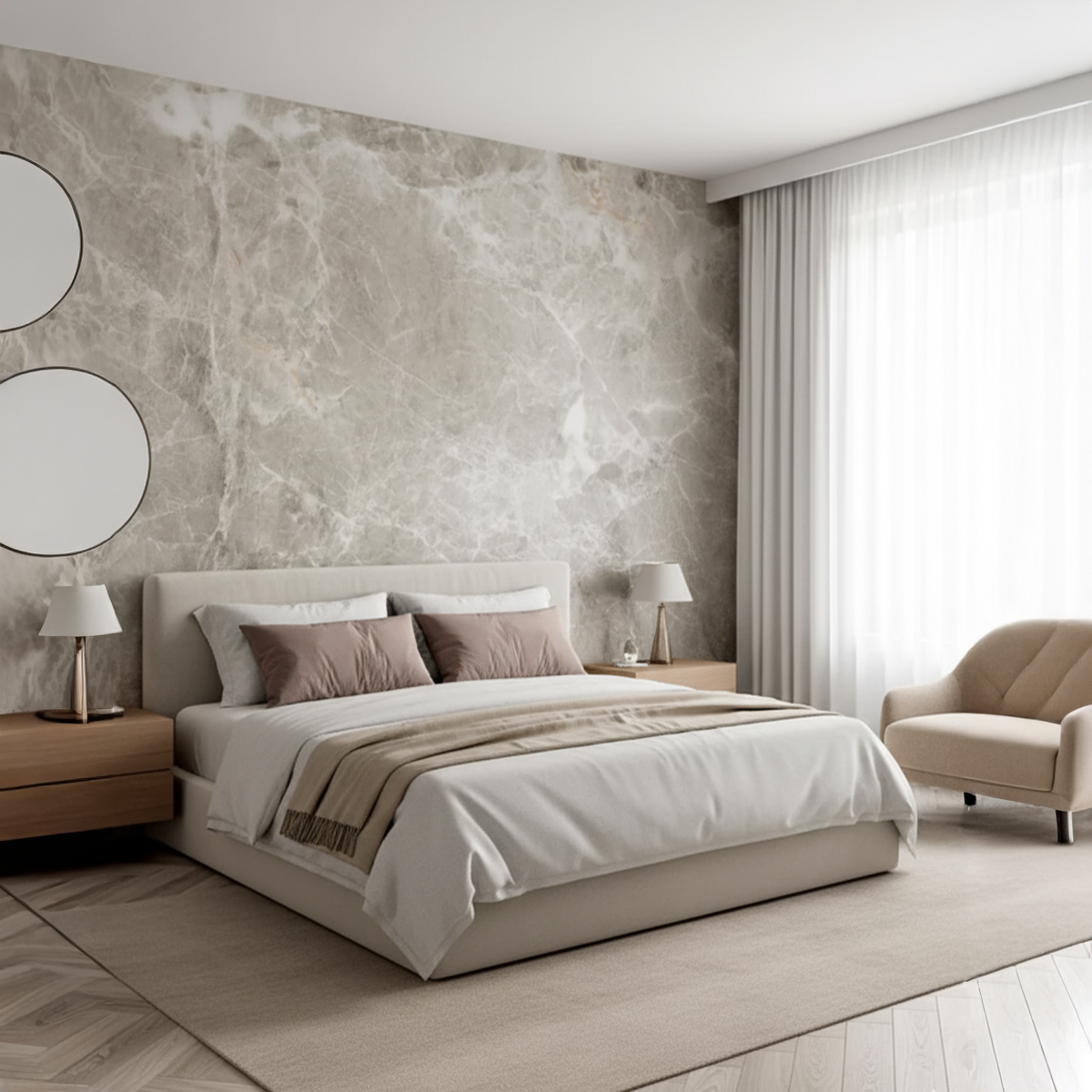 Modern bedroom with marble wall, bed, and side tables.