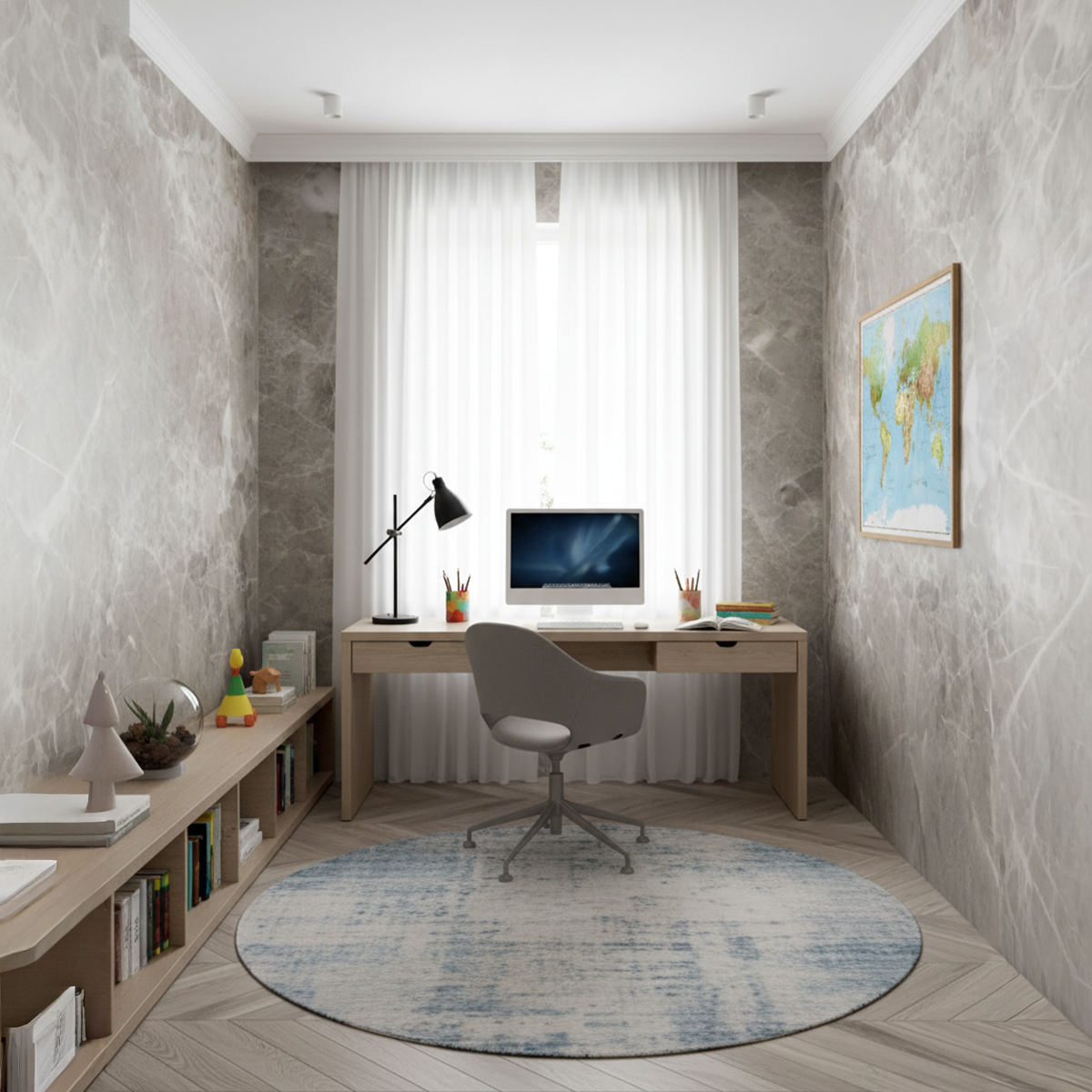 Modern home office with desk, chair, and decor elements.