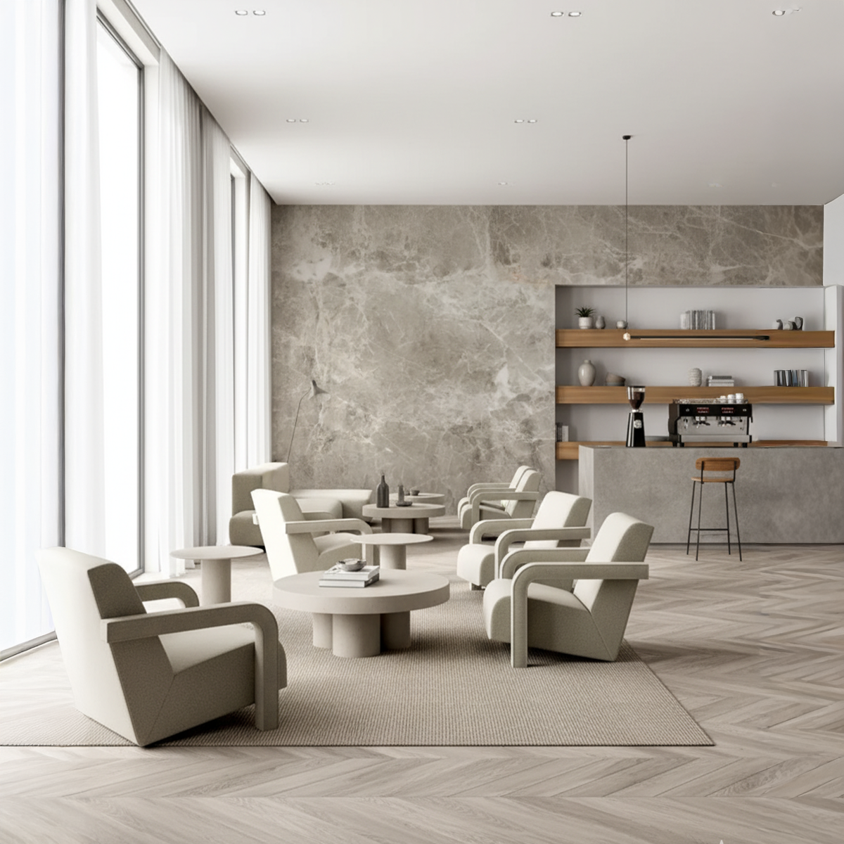 Modern interior design with gray chairs, round tables, and a concrete wall.