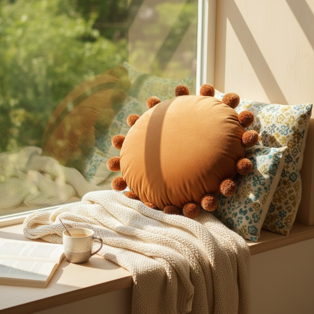 Decorative pillows on a windowsill with a cup and book, featuring a sun-shaped pillow with pom-poms.