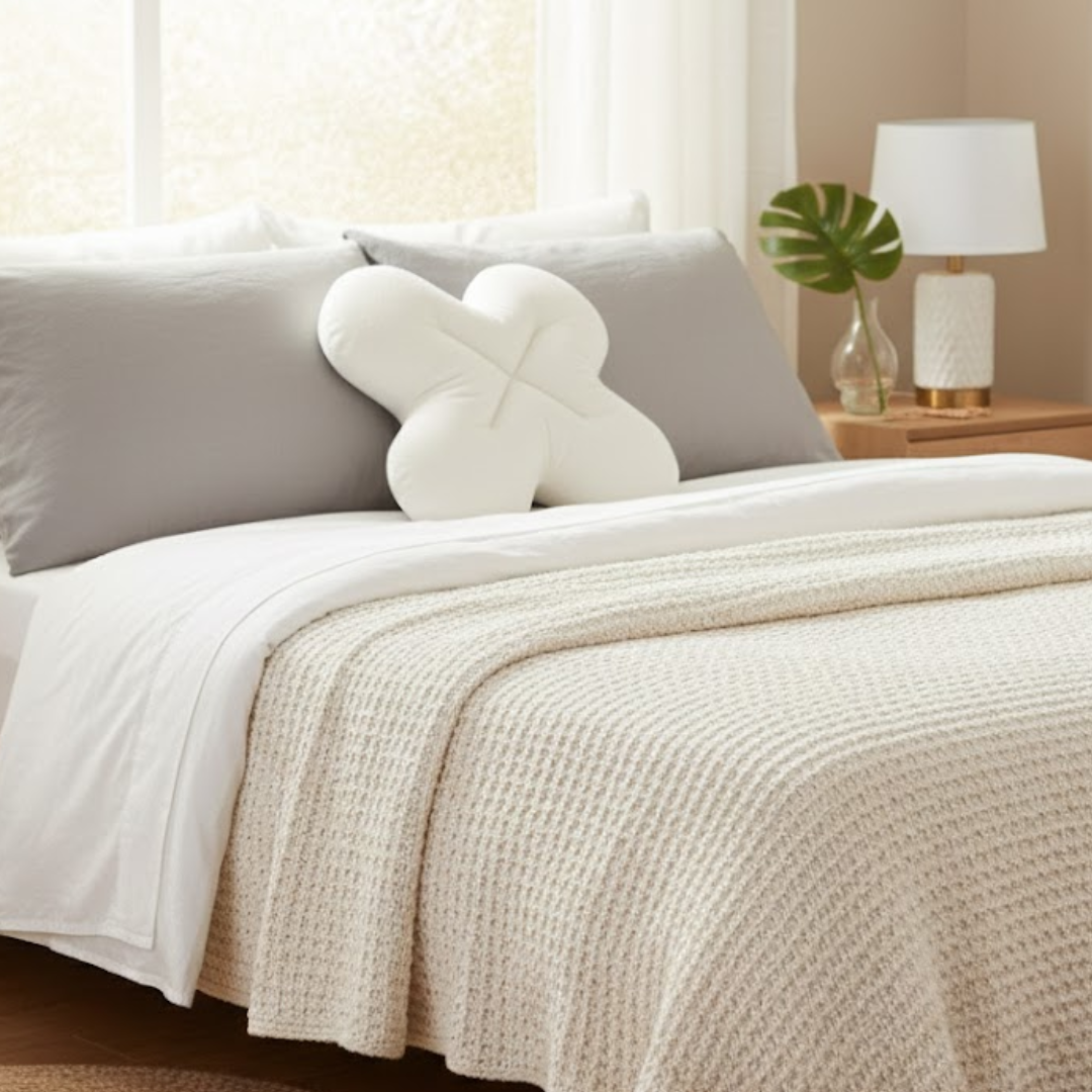 Neatly made bed with white bedding and decorative pillows in a bedroom setting.