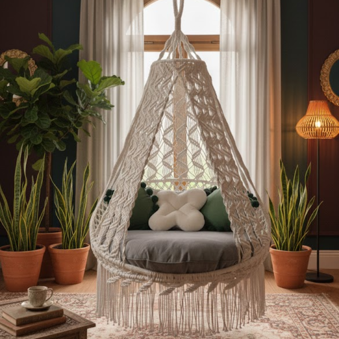Macrame hanging chair with cushions in a room with plants and a lamp.