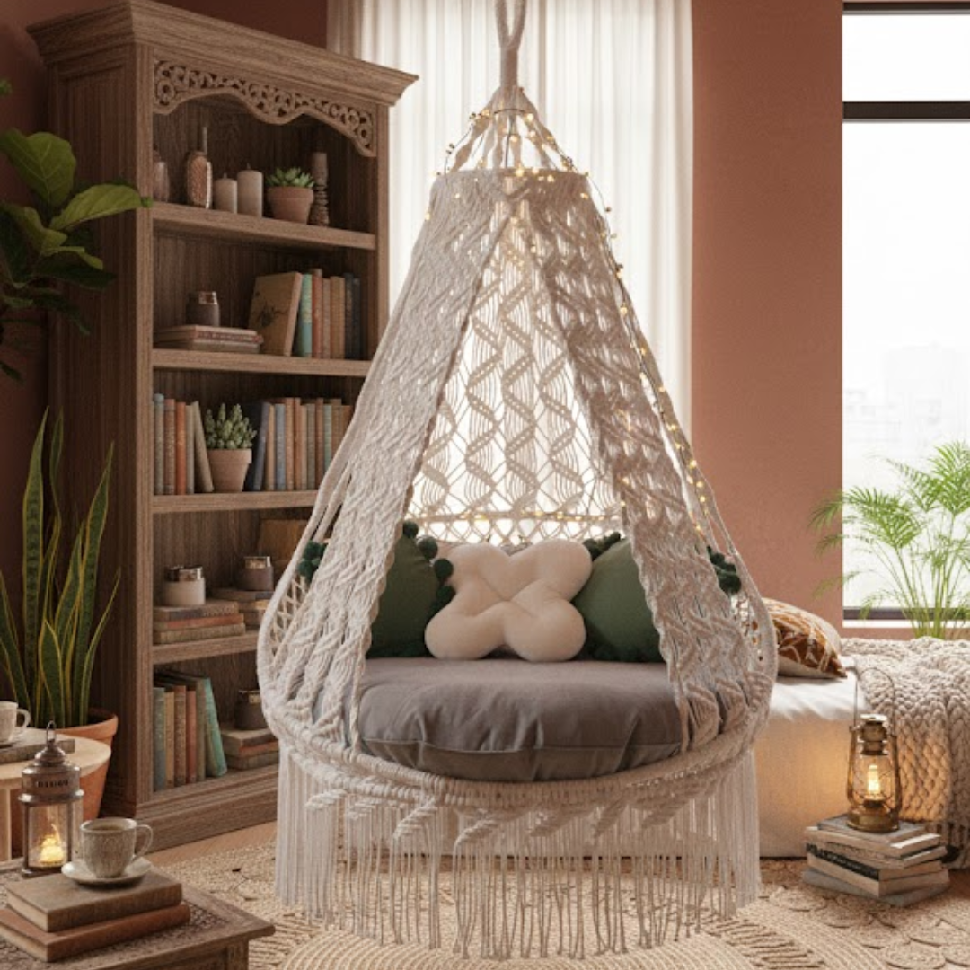 Macrame hanging chair with cushions in a cozy room with bookshelf and plants