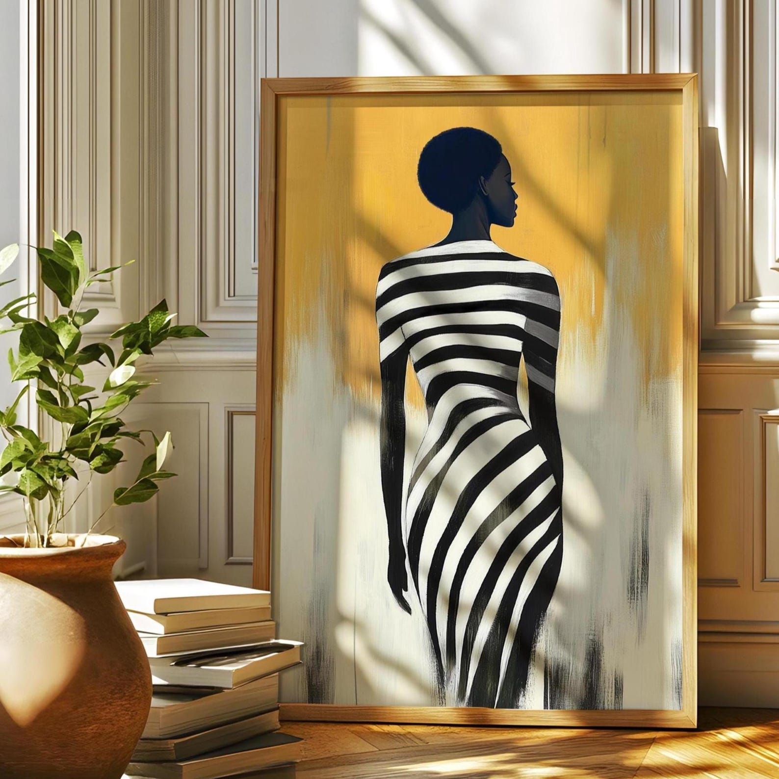 Black & White Stripes Woman Digital Art Poster