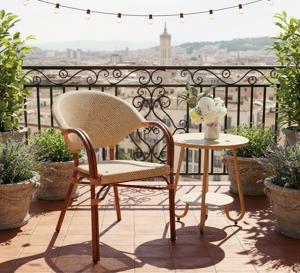 Outdoor patio with wicker chair, small table, and potted plants on a balcony with cityscape view.