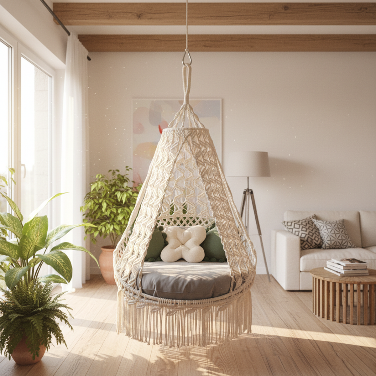Hanging chair in a modern living room with plants and a sofa.