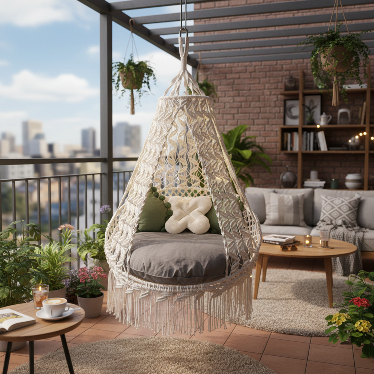 Hanging chair on a balcony with a cityscape view, plants, and a sofa.
